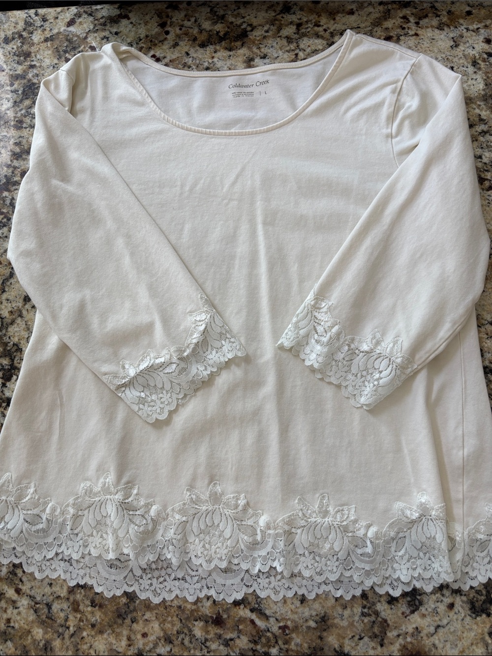 Coldwater Creek Cream Scoop Neck Top with Lace Hem